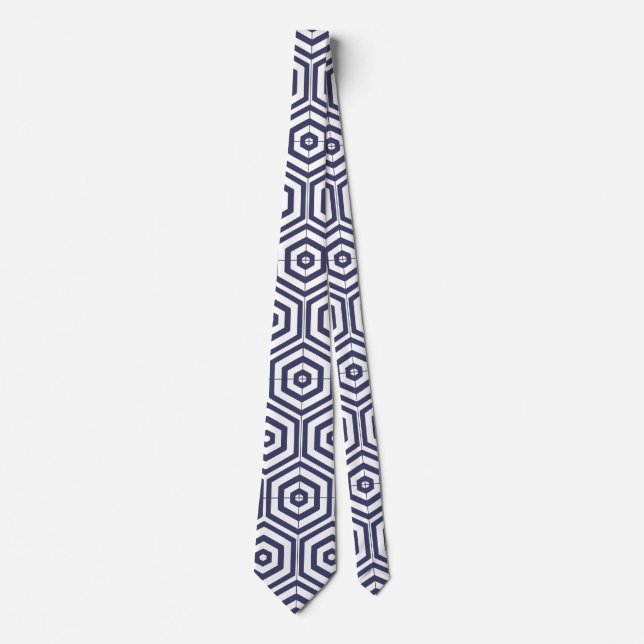 Navy Blue and White Geometric Hexagons Unique Neck Tie (Front)