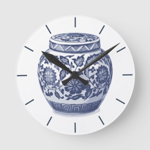 Navy Blue and White Ginger Jar Chinoiserie Design Round Clock