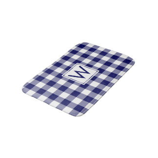 Navy Blue and White Gingham Pattern with Monogram Bath Mat