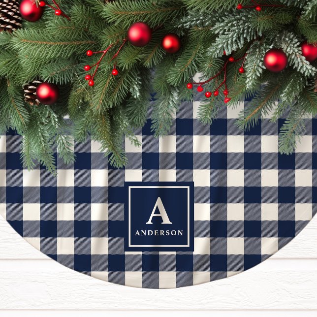 Navy Blue And White Gingham Plaid Monogram Brushed Polyester Tree Skirt (Creator Uploaded)