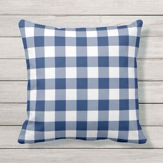Navy Blue and White Gingham Plaid Pattern Outdoor Pillow