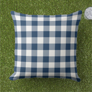Navy Blue and White Gingham Plaid Pattern Outdoor Pillow