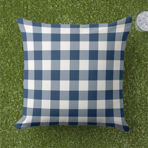 Navy Blue and White Gingham Plaid Pattern Outdoor Pillow