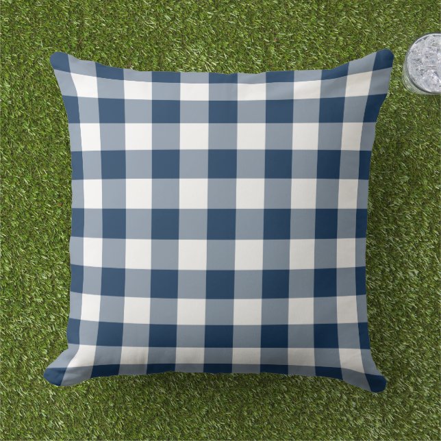 Navy Blue and White Gingham Plaid Pattern Outdoor Pillow (Grass)