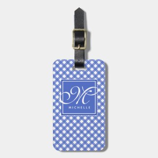 Navy Blue and White Gingham - Script Monogrammed Luggage Tag