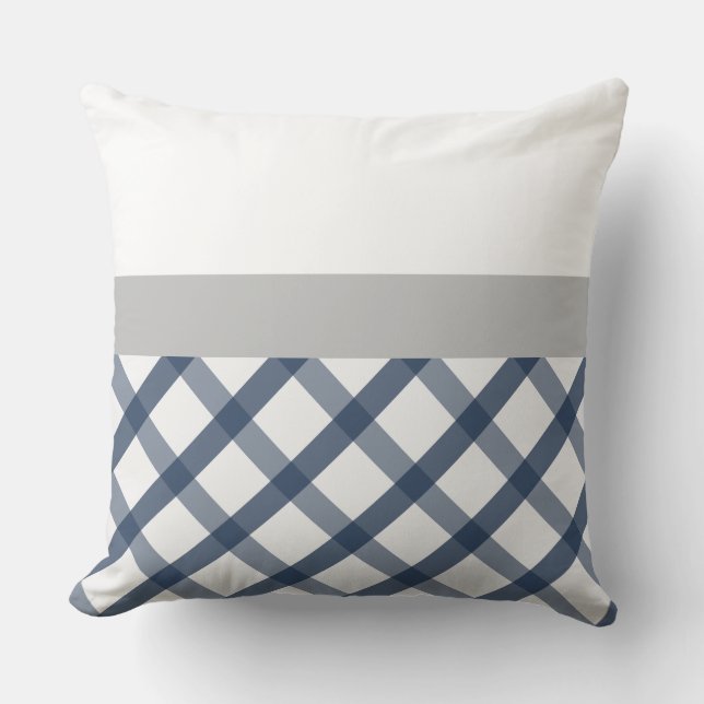 Navy Blue and White Gingham with Light Gray accent Throw Pillow (Front)