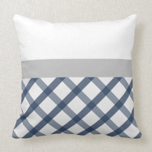 Navy Blue and White Gingham with Light Gray accent Throw Pillow