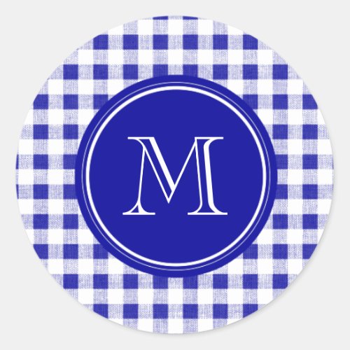 Navy Blue and White Gingham Your Monogram Classic Round Sticker