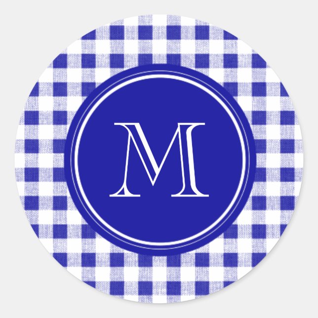 Navy Blue and White Gingham, Your Monogram Classic Round Sticker (Front)