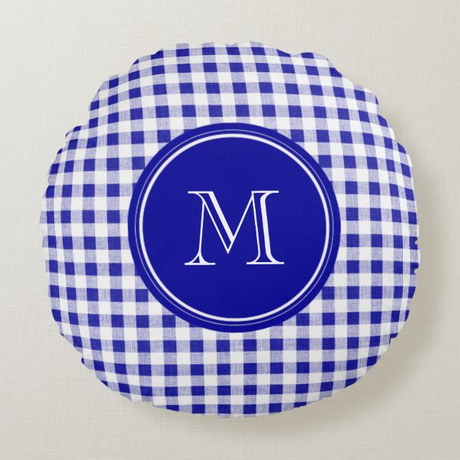 Navy Blue and White Gingham, Your Monogram Round Pillow (Front)