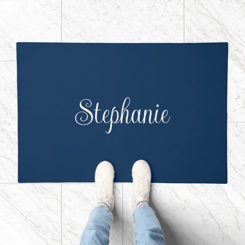 Navy Blue and White Girly Modern Name Doormat