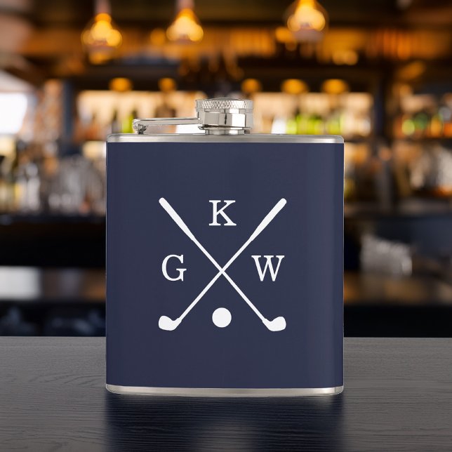 Navy Blue and White Golf Clubs Monogrammed Flask (Creator Uploaded)