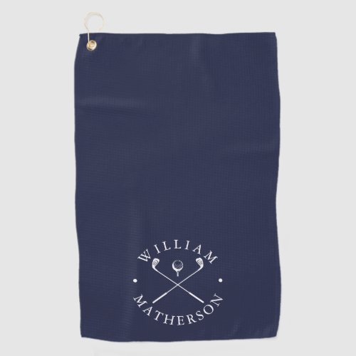 Navy Blue And White Golf Clubs Personalized Name Golf Towel