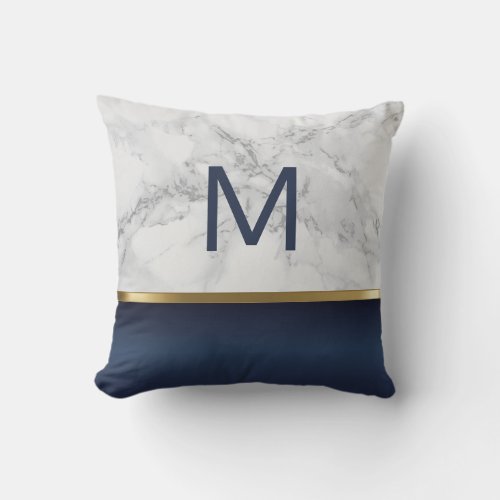 Navy Blue and White Gray Marble Throw Pillow