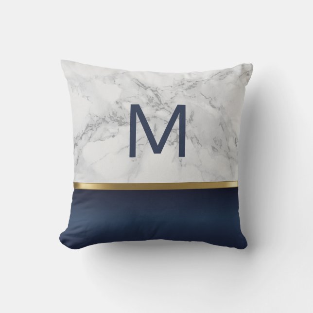 Navy Blue and White Gray Marble Throw Pillow (Front)