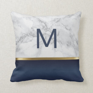 Navy Blue and White Gray Marble Throw Pillow