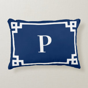 Navy Blue and White Greek Key Border Monogram Accent Pillow