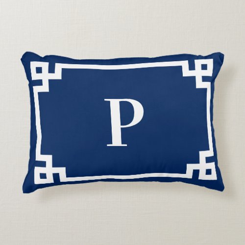 Navy Blue and White Greek Key Border Monogram Accent Pillow
