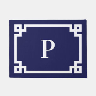 Navy Blue and White Greek Key Border Monogram Doormat