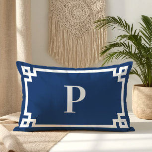 Navy Blue and White Greek Key Border Monogram Lumbar Pillow
