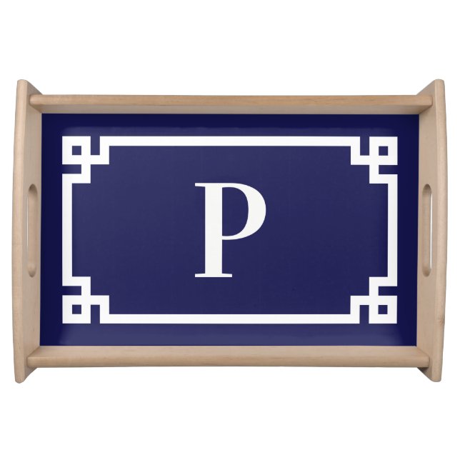 Navy Blue and White Greek Key Border Monogram Serving Tray (Front)
