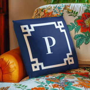 Navy Blue and White Greek Key Border Monogram Throw Pillow