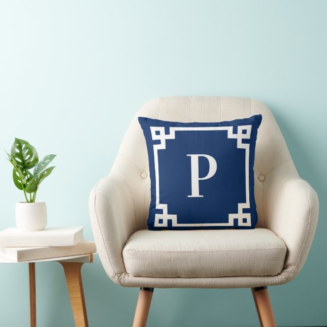 Navy Blue and White Greek Key Border Monogram Throw Pillow (Chair)