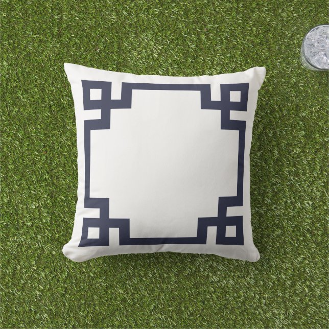 Navy Blue and White Greek Key Border Outdoor Pillow (Grass)