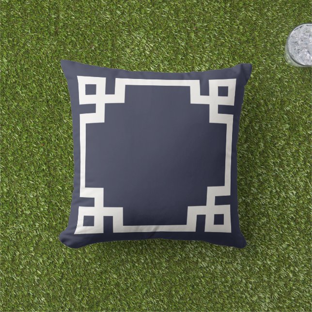 Navy Blue and White Greek Key Border Throw Pillow (Grass)