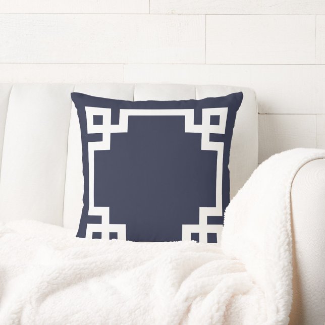 Navy Blue and White Greek Key Border Throw Pillow (Creator Uploaded)