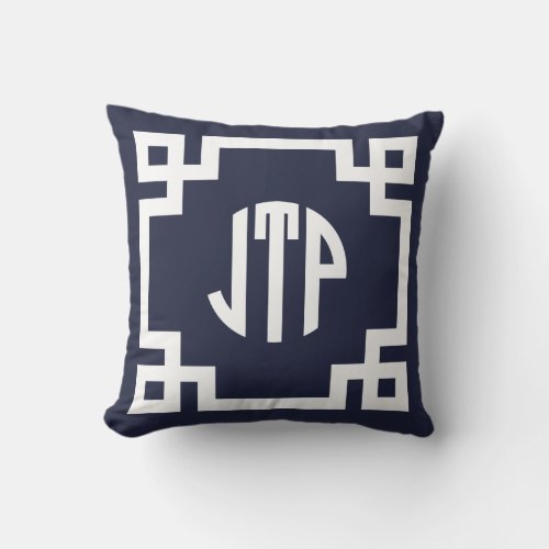 Navy Blue and White Greek Key Circle Monogram JTP Throw Pillow