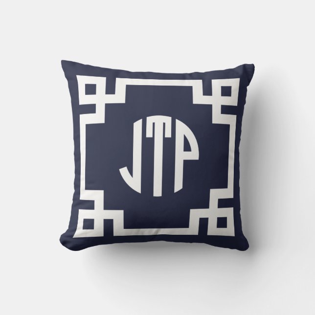 Navy Blue and White Greek Key Circle Monogram JTP Throw Pillow (Front)