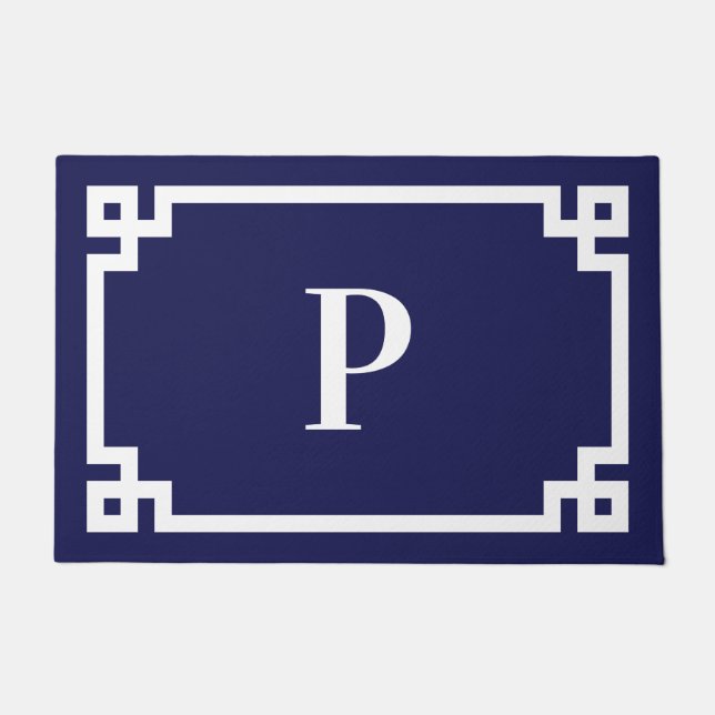 Navy Blue and White Greek Key Frame Monogram Doormat (Front)