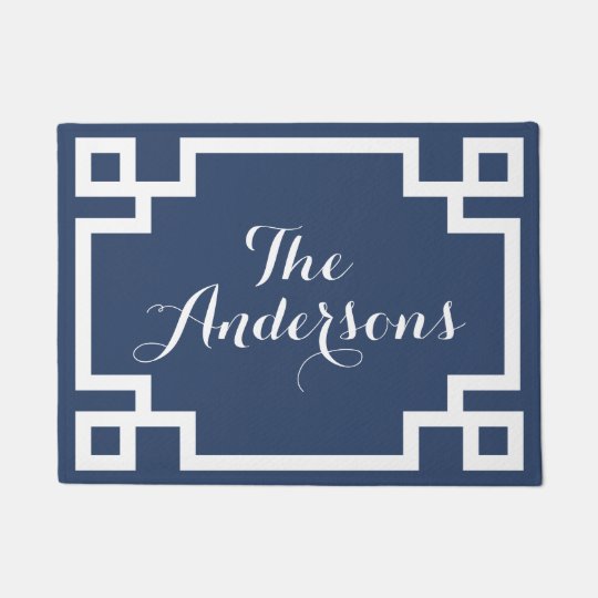 Navy Blue And White Greek Key Monogram Doormat