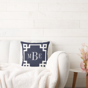 MFE Sky Blue and White Greek Key Script Monogram Throw Pillow, Zazzle