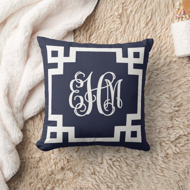 Navy Blue and White Greek Key Script Monogram Throw Pillow (Blanket)
