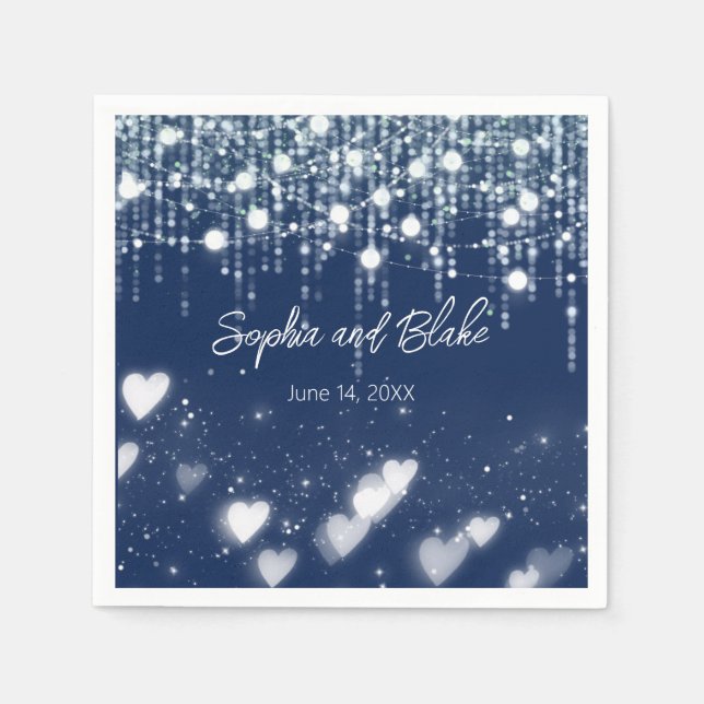 Navy Blue and White Hanging Lights Wedding Napkins (Front)