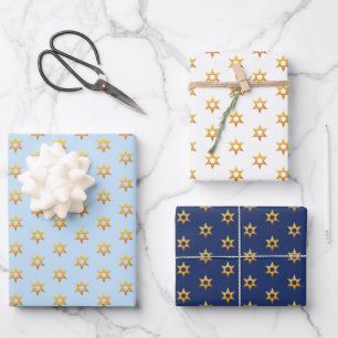 Navy Blue And White Hanukkah Golden David Star Wrapping Paper Sheets