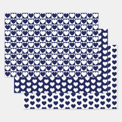 Navy Blue and White Hearts Wrapping Paper Sheets