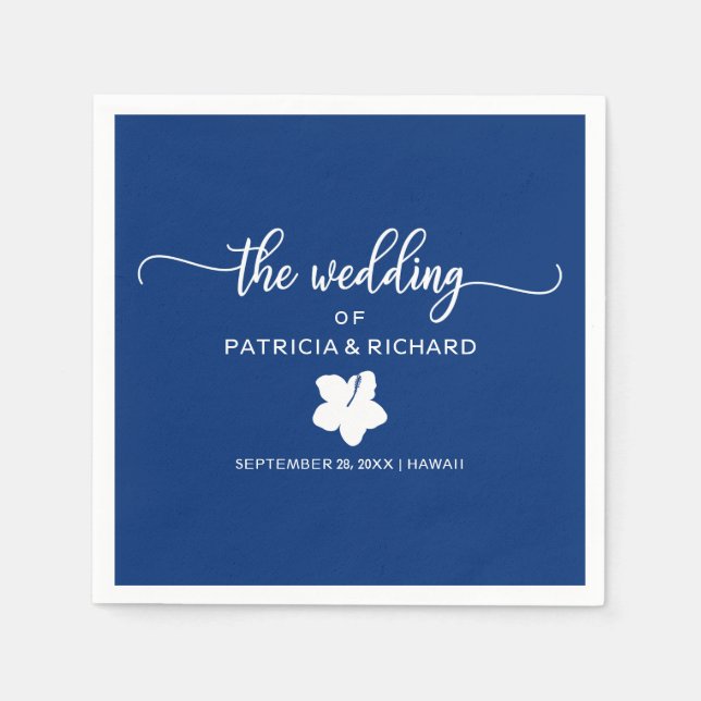 Navy Blue and White Hibiscus Destination Wedding Napkins (Front)