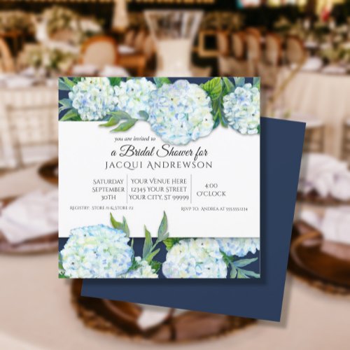 Navy Blue and White Hydrangea Floral Bridal Shower Invitation