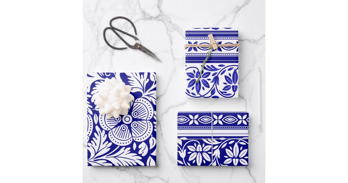 Navy Blue and White Indian Floral Pattern Wrapping Paper Sheets | Zazzle