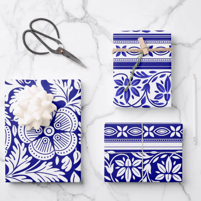 Navy Blue and White Indian Floral Pattern Wrapping Paper Sheets | Zazzle