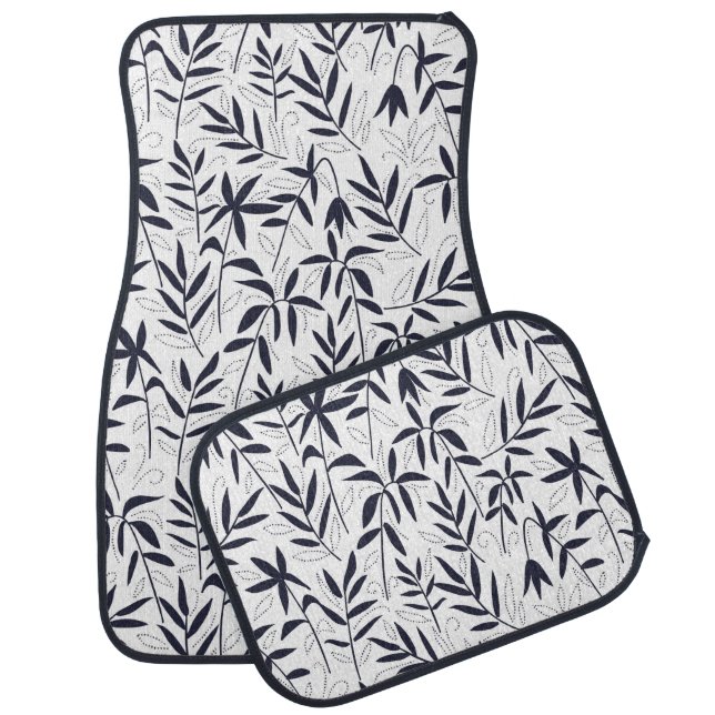 Navy-blue and white Japanese bamboo leaf pattern Car Floor Mat (Set)
