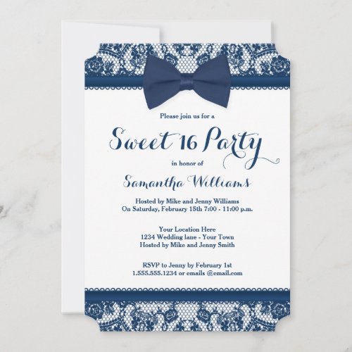 Navy Blue and White Lace Bow Sweet 16 Party Custom Invitation