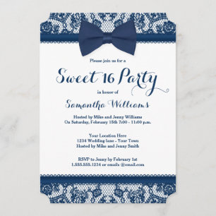Navy Blue and White Lace Bow Sweet 16 Party Invitation