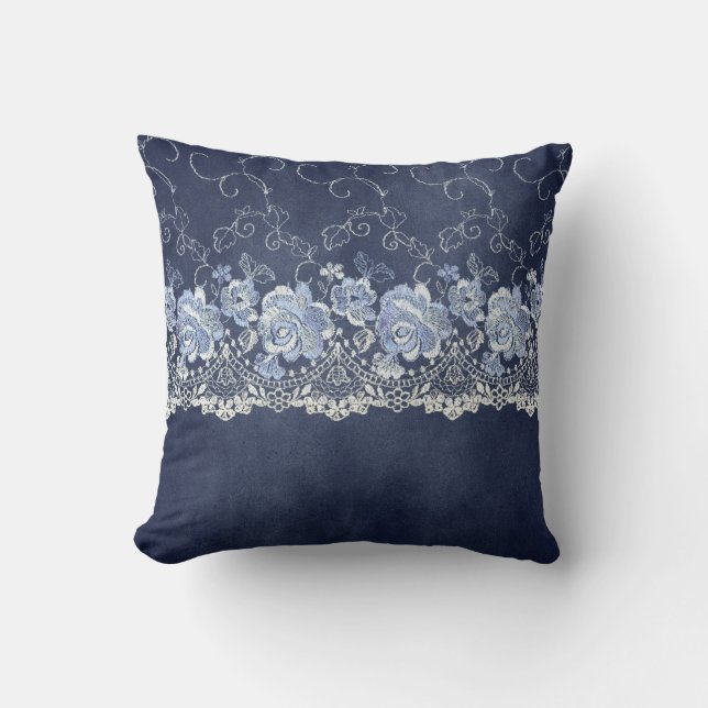 Navy Blue and White Lace Throw Pillow (Front)