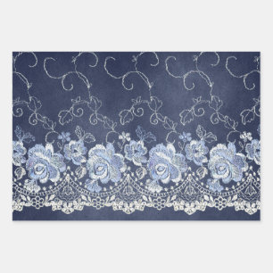 Navy Blue and White Lace Wrapping Paper Sheets