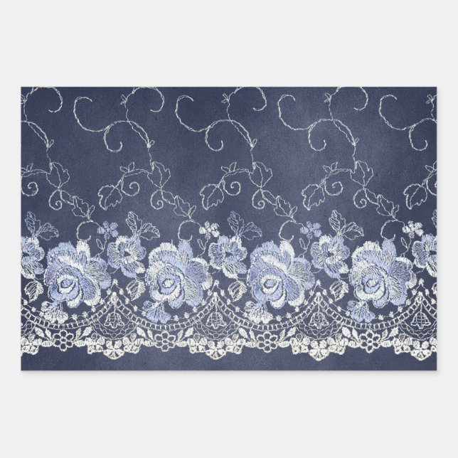Navy Blue and White Lace Wrapping Paper Sheets (Front)