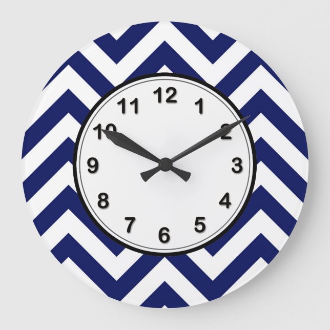Navy Blue and White Large Chevron ZigZag Pattern Clock (Front)